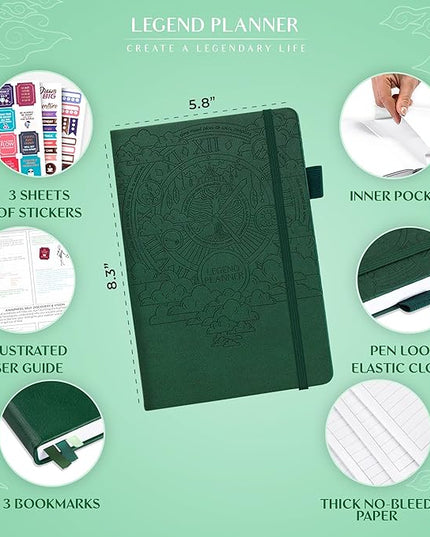 Legend Planner Hourly Schedule Edition – Deluxe Weekly & Daily Organizer with Time Slots. Time Management Appointment Book Journal for Work & Personal Life, Undated, A5 Hardcover – Dark Green Debossed