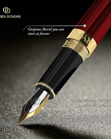 Dryden Designs Fountain Pen. Medium Nib Premium Box | 6 Ink Cartridges Included (Royal Red)