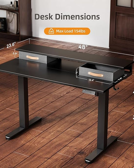 Claiks Electric Standing Desk with 2 Drawers, Adjustable Standing Desks with Storage, Height Adjustable Stand up Desk for Home Office with 2 Hooks,48 Inch Black