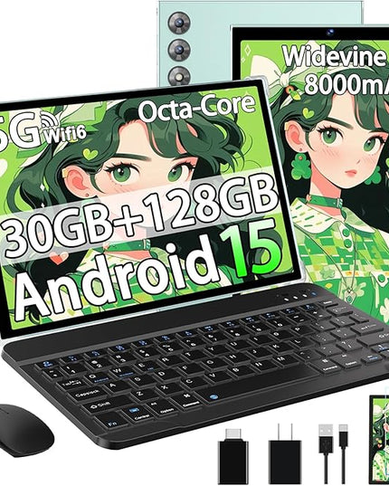 SKYEGG 2025 Android 15 Tablet 10.1 Inch Tablets, 30GB RAM 128GB ROM 1TB Expand, 8000mAh Battery, BT5.0, 2.4/5G Wi-Fi 6, Metal Body with Keyboard & Mouse, Gemini AI, Widevine L1 HD IPS Display - Green