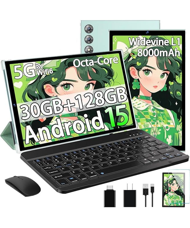 SKYEGG 2025 Android 15 Tablet 10.1 Inch Tablets, 30GB RAM 128GB ROM 1TB Expand, 8000mAh Battery, BT5.0, 2.4/5G Wi-Fi 6, Metal Body with Keyboard & Mouse, Gemini AI, Widevine L1 HD IPS Display - Green