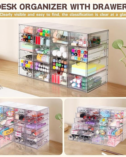 VZKAH Acrylic Organizer with Drawers | 20 Drawers 4 Sets | Desk Organizer and Storage, Clear Makeup Organization, For Office/Art Supply/Craft Storage and Organization