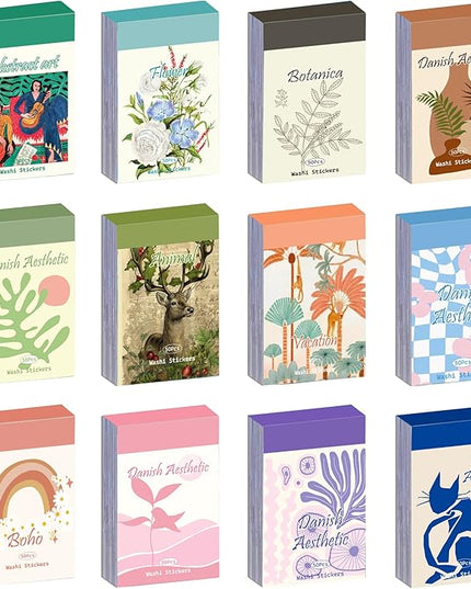 12 Sets 600 Sheets Washi Stickers for Journaling, Boho, Abstract, Vintage Scrapbook Sticker Set for Bullet Journal Art Diary Card Craft Gifts Planner Notebook