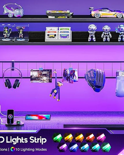 AODK L Shaped Gaming Desk with 4 Drawers, 59" Reversible Computer Desk with Hutch and Shelves, Gamer Desk with LED Lights, Power Outlets, Home Office Corner Desk with Gird Pegboard, Black