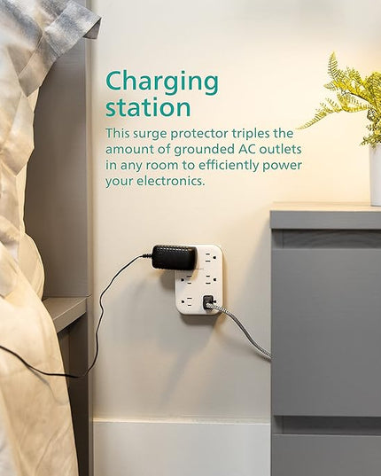 Philips EZFit 6-Outlet Surge Protector Outlet Extender, Wall Tap, Grounded Widely Spaced Outlets, 900 Joules, for Home Office Dorm Essentials, White, SPP6602W/37
