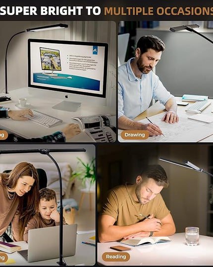 Led Desk Lamp for Home Office, Eye-Care Architect Light with Clamp, Smart Double Head Computer Monitor Table Clip Lamp, Adjustable Flexible Goose-Neck, 25 Lighting Models, Task Lamp, Black