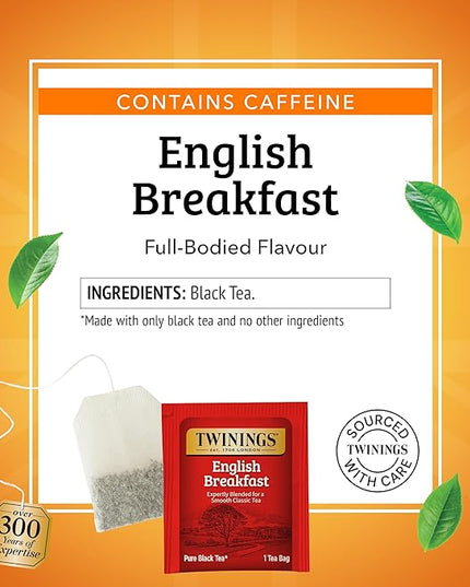 Twinings English Breakfast Black Tea Individually Wrapped Bags, 20 Count (Pack of 6), Flavourful, Robust, Caffeinated, Enjoy Hot or Iced, 120 Teabags
