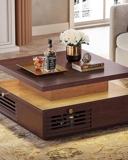 IRONCK Coffee Table with LED Light and Charging Station, 4 Storage Drawers with Grille Design, Square Coffee Table for Living Room Office Reception Room (Walnut)