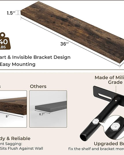 RICHFOCUS 36Inch Floating Shelves for Wall 2 Pack Shelves for Bedroom|Kitchen|Bathroom Wall Mounted Rustic Wood Floating Shelf with Invisible Brackets for Books|Storage|Decor, Rustic Brown