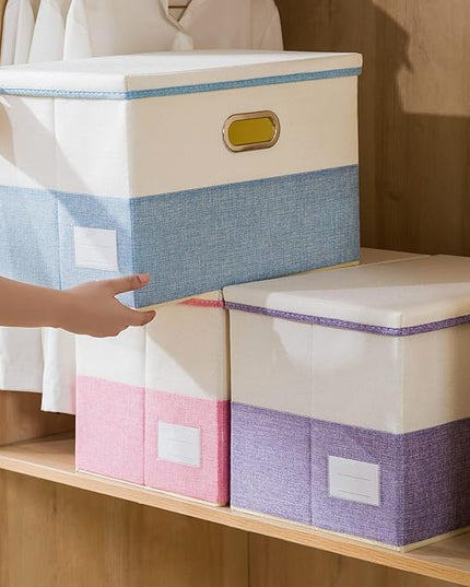 PRANDOM Large Collapsible Storage Bins with Lids [3-Pack] Fabric Foldable Storage Boxes Organizer Containers Baskets Cube with Cover for Home Bedroom Closet Office Pink&Cream(17.7x11.8x11.8)