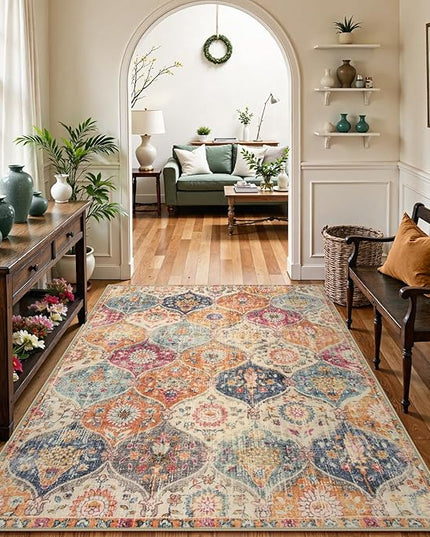 Lahome Moroccan Machine Washable Rugs for Living Room, 4x6 Rug for Bedroom Non-Slip Vintage Trellis Ultra-Thin Throw Carpet for Dining Room Office Nursery, Cream/Multi