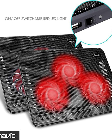 Havit HV-F2056 15.6-17 Inch Laptop Cooler Cooling Pad - Slim Portable USB Powered (3 Fans) (Black+Red)