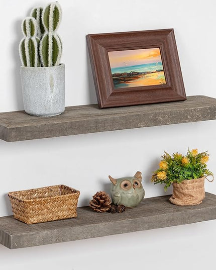 Floating Shelves, 8 Inch Deep Rustic Solid Reclaimed Wood Wall Shelves for Storage, Wall Mounted Display Shelving with Invisible Heavy-Duty Metal Bracket, 24 Inch Width Set of 2, Cement Grey
