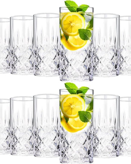 Uiifan Set of 12 Tall Highball Glasses 12 oz Crystal Drinking Glasses Clear Fancy Cups Vintage Textured Designer Glassware for Cocktail Tea Water Beer Soda Beverages, Dishwasher Safe (Classic Style)