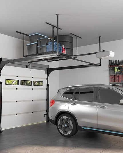 FLEXIMOUNTS 4x4 Overhead Garage Storage Rack, Adjustable Organization System, Heavy-Duty Metal Ceiling Racks, 350lbs Weight Capacity, Black, Classic Series