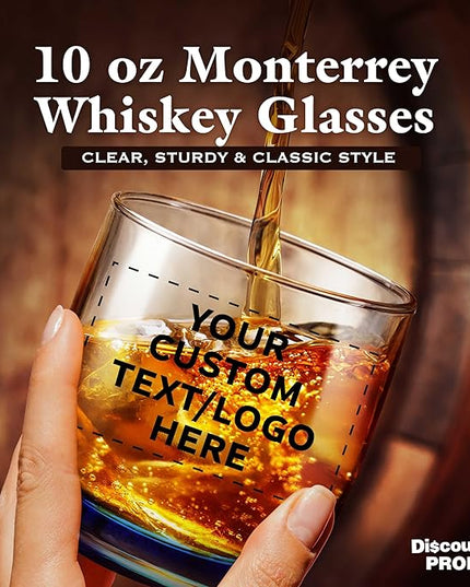 DISCOUNT PROMOS Custom Whiskey Glasses 10 oz Set of 10/50/100, Personalized Bulk Pack - Heavy Base Old Fashioned Glass, Perfect for Scotch, Bourbon, Whiskey, Cocktail - Blue Bottom Color