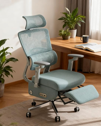 Dual-Motor Home Office Chair with Lumber Support, Reclining Mesh Chair with Footrest, 3D Headrest & 6D Armrests, Reclining Big and Tall 400LBS,Adjustable Back High（Green