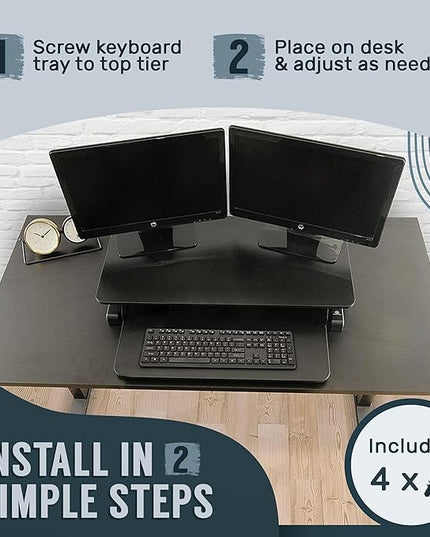 TechOrbits Standing Desk Converter - 32 Inch Adjustable Sit to Stand Up Workstation, Particle Board, Dual Monitor Desktop Riser with Keyboard Tray, for Home Office Laptop, Black 32"