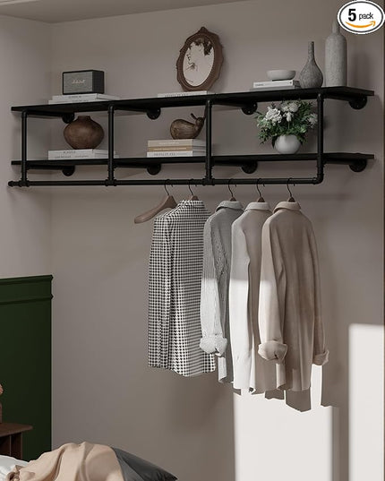 Wall Mounted Clothes Rack 12 Inch Deep, 72 Inch Heavy Duty Garment Rack with Real Black Wood Shelf, Multi-Purpose Hanging Rod & Space-Saving Closet Storage Organizer