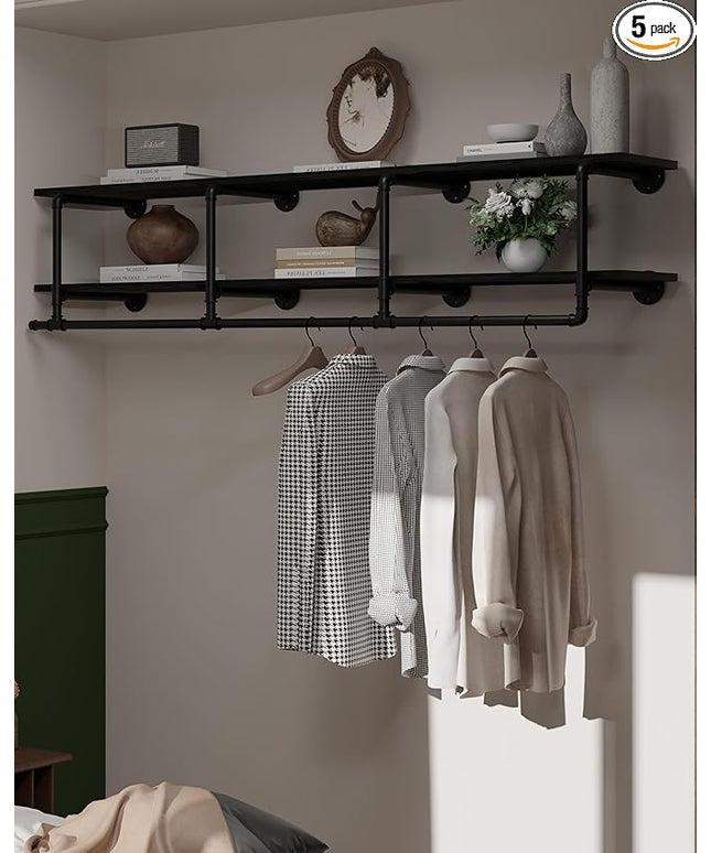 Wall Mounted Clothes Rack 12 Inch Deep, 72 Inch Heavy Duty Garment Rack with Real Black Wood Shelf, Multi-Purpose Hanging Rod & Space-Saving Closet Storage Organizer