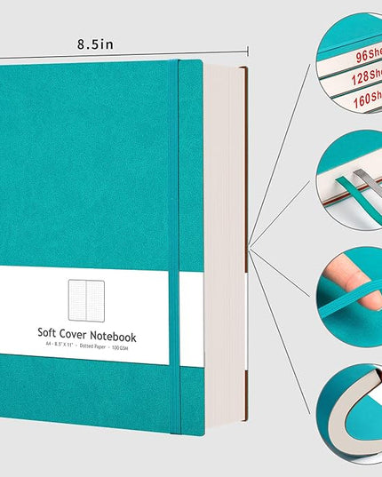 AHGXG Bullet Dotted Journal - Large A4 Notebook Dotted, 8.5''×11'', 320 Pages Dot Grid Notebook, 100gsm Thick Paper, Leather Softcover, with Journal Stencils, Inner Pocket - Cyan