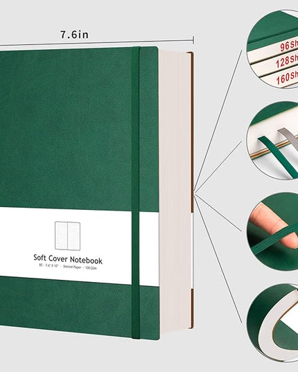 AHGXG Bullet Dotted Journal - 320 Pages Dot Grid Notebook B5 Large Journal, 100gsm Thick Dotted Paper, Leather Softcover, with Journal Stencils, Inner Pocket, 7.6'' X 10'' - Green