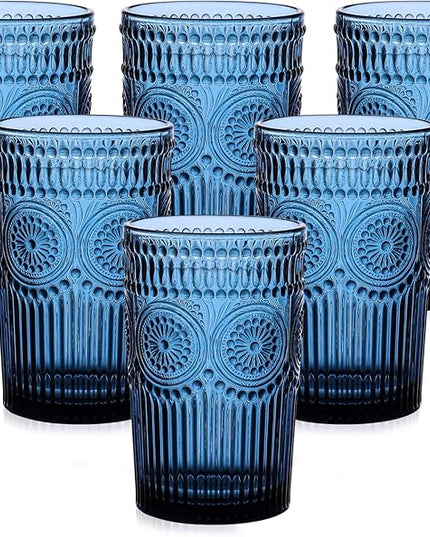 Vintage Glassware Drinking Glasses Set of 6,13 oz Blue Textured Flower Design Glass Water Tumblers，Embossed Striped Drinkware for Water,Cocktails,Juice,Iced Coffee