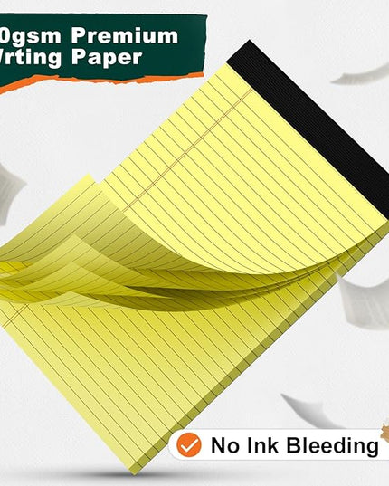 Legal Pads 8.5 x 11 Yellow Writing Pads Wide Ruled Note Pads 8.5 x 11 Lined Double-Sided Notepad for Home, School, Office Use, 80gsm Perforated Paper, Sturdy Cardboard Backing, 6 Pack (30 Sheets/Pad)