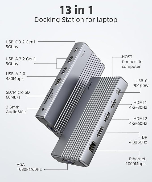Laptop USB c Docking Station 4 Monitors,lsikmc 13-in-1 usbc Hub with Dual HDMI 4k,DP 4k, VGA, 100W PD, Gigabit Ethernet,3*USB 3.0/USB-c,SD/TF Card Reader,3.5Audio, Computer Dock for Dell/HP/Lenovo