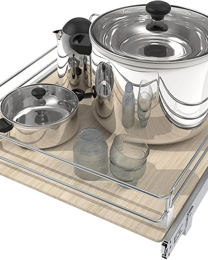 Pull Out Cabinet Organizer 20" W X 22" D, Slide Out Drawers For Kitchen Organizers and Storage, Pull Out Drawers For Cabinets Capacity Heavy Duty Caddy, Cabinet Shelves Wood Chrome, Pantry Storage