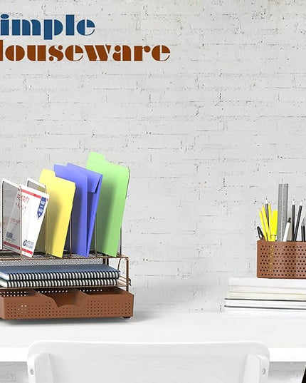 Simple Houseware Mesh Desk Organizer with Sliding Drawer, Double Tray and 5 Upright Sections, Copper
