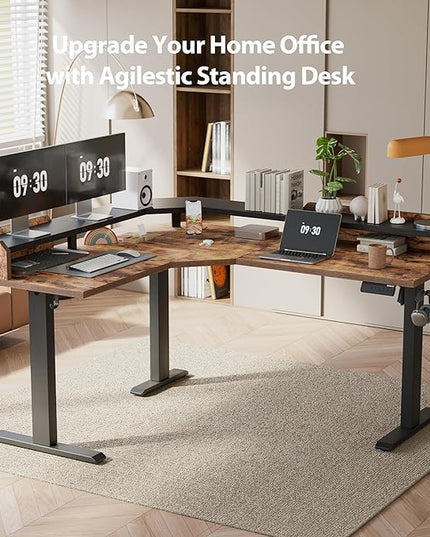Agilestic L Shaped Standing Desk, Adjustable Height Corner Gaming Desk with Shelf, Sit Stand Up Desk, 63 x 55 Inch Home Office Computer Table, Rustic Brown