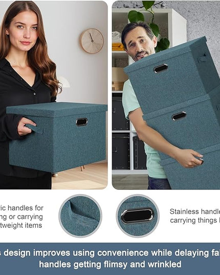 Large 17" 36 Quart Collapsible Stackable Storage Bins with Lids, 3 Packs Blue-Green Linen Fabric Closet Boxes with Lids, Storage Cube Baskets Container Organizers for Bedroom (17x12x11)