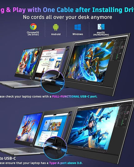 QQH Laptop Screen Extender, 15.6” Triple Portable Monitor for Laptop with Ultra-Slim FHD IPS Display, USB-C Plug and Play Extended Screen Compatible with MacOS, Windows, Android for 12-16" Laptops