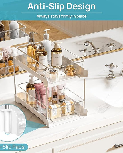 Vtopmart 4 Pack Bathroom Organizer, 2 Tier White Under Sink Organizers Vanity Countertop Storage Container,Cabinet Drawers Bins, Pull-Out Organization with Track for Pantry, Kitchen