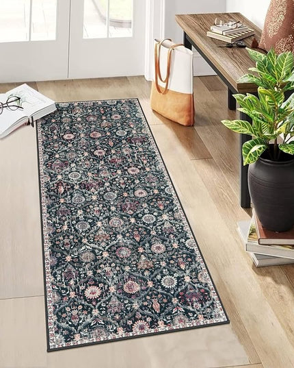 Lahome Moroccan Trellis Kitchen Runner, 2x5 Rug Runners for Hallways Non Slip Laundry Room Rug, Ultra-Thin Washable Vintage Carpet for Bedroom Bathroom, Black/Multi
