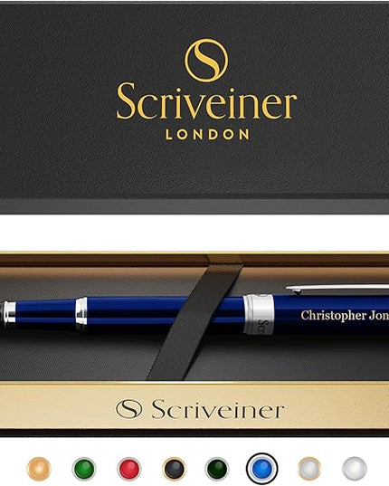 Scriveiner Personalized Midnight Blue Fountain Pen - Stunning Blue Lacquer Luxury Pen, Chrome Finish, German Schmidt Nib (Medium), Best Engraved Pen Gift Set for Men & Women, Name Engraving
