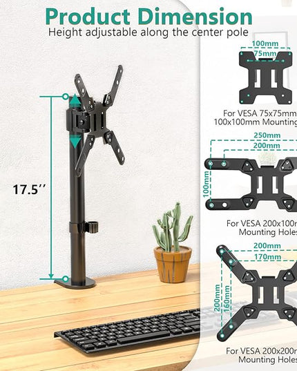 WALI Single Monitor Mount for 1 Computer Screen up to 42 inch, Fully Adjustable Monitor Arm Holds up to 22 lbs, Mounting Holes up to 200x200mm (M001SXL), Black