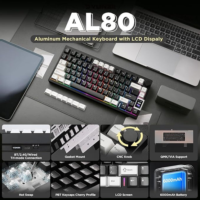 YUNZII AL80 Wireless Mechanical Keyboard,Full Aluminum CNC, Smart LCD Display,Hot Swappable Gasket Mount 75% Layout with Knob,BT/2.4G/USB-C,QMK/VIA Support for Win/Mac (Black, Gateron Zero Switch)