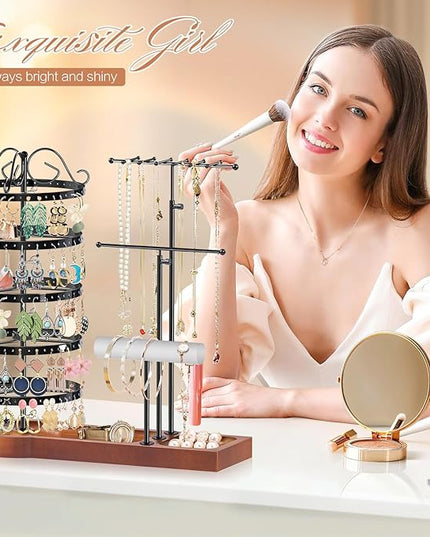 KALYLOC Jewelry Earring Holder Organizer, Adjustable 5 Tiers Rotating Earring Holder 3 Tier Necklace Holder with Wooden Base, Multi-Functional Jewelry Organizer Display Stand for Studs Bracelet Women