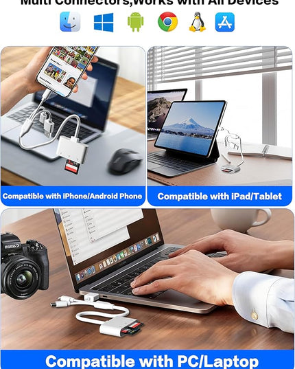 XD/TF/SD to iPhone Adapter Reader with USB-C, USB-A, Lightning - 3in1 SD MicroSD xD-Picture Card Reader, OTG Adapter SD Card Adapter for Smartphone/iPhone 17/16/15/14/13/iPad/PC/Android/Macbook/Camera