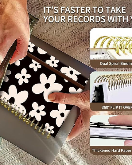 Spiral Journal Notebook, A5 Cute Notebooks for Women Men, College Ruled Hardcover Notebook for Work & Note Taking, 60 Pages Double-Wire Journals for Writing, Black White Flowers