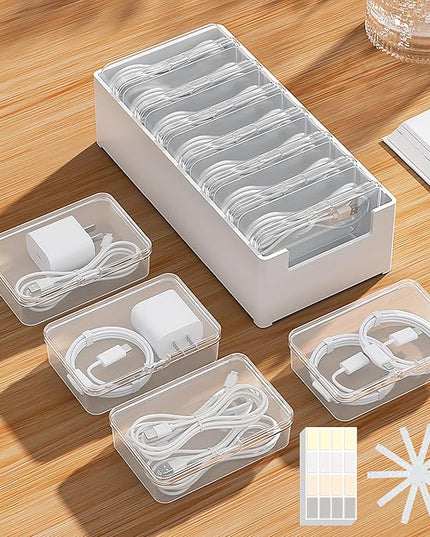 7 Case Cable Storage Box with Cable Straps and Label Stickers, Travel Cord Organizer for Charging Cables, USB Wires, Earphones – Drawer Organization for Home & Office (7 Cases + 7 Cable Straps)