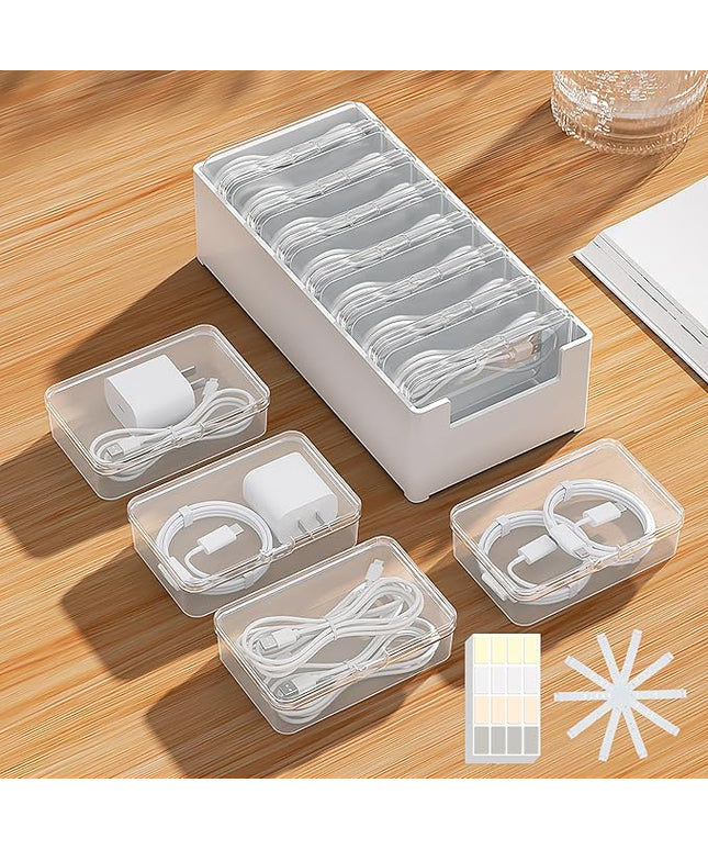 7 Case Cable Storage Box with Cable Straps and Label Stickers, Travel Cord Organizer for Charging Cables, USB Wires, Earphones – Drawer Organization for Home & Office (7 Cases + 7 Cable Straps)