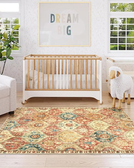 Lahome Moroccan Machine Washable Rugs for Living Room, 4x6 Rug for Bedroom Non-Slip Vintage Trellis Ultra-Thin Throw Carpet for Dining Room Office Nursery, Red/Orange