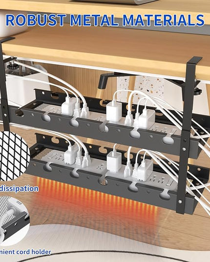 31Inch Extendable Under Desk Cable Management Tray Multi-Model Metal Cable Management Tray Under Desk Cord Management with Clamp Power Strip Cord Holder for Wire Cable Management