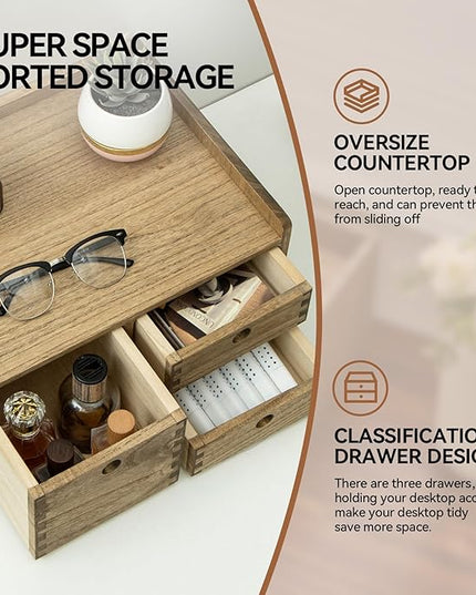 KIRIGEN Desk Organizer with 3 Drawers - Wood Drawer Storage Box with Trays for Tabletop - Workspace Office Toiletries Supplies Tool Caddy - Wooden Storage Cabinet1 Layer Dark Brown（DT1D3C-DBR）