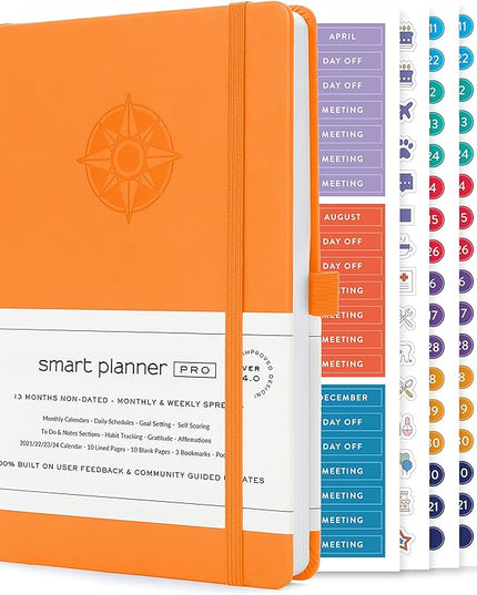 Smart Planner Pro – Undated Daily Planner – Small A5 – Achieve Goals & Increase Productivity – Weekly, Monthly, Work Sections, Organizer Diary with Back Pocket, 3 Satin Bookmarks & Pen Holder