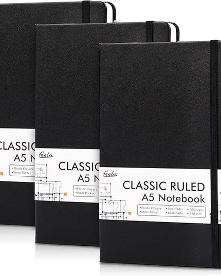 feela 3 Pack Notebooks Journals Bulk with 3 Black Pens, A5 Hardcover Notebook Classic Ruled Lined Journal Set with Pen Holder for Work Business Journaling Note Taking, 120 GSM, 5.1”x8.3”, Black
