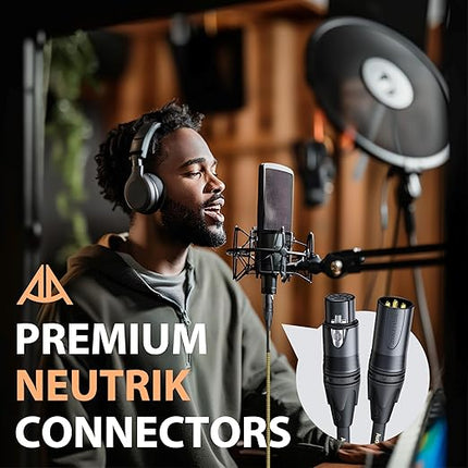 Gold Series Star Quad XLR Cables 3.3ft, Neutrik Connectors, 19AWG Microphone Cable, Kevlar-Reinforced Nylon Braided Handmade Mic Cable, 100% Coverage OFC Braid and Al-Foil Shielding